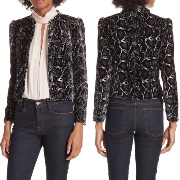 Rebecca Taylor Velvet Snake Print Jacket Silk Blend Black Size Large - Picture 1 of 11